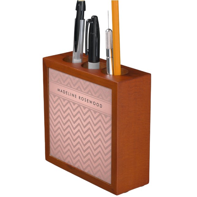 Modern Rose Gold Chevron Pattern Monogrammed Desk Organizer (In Situ)