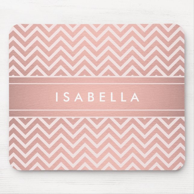 Modern Rose Gold Chevron Pattern Monogrammed Mouse Pad (Front)