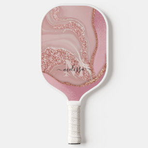 Modern Rose Gold Chic Glitter Monogram Pickleball Paddle