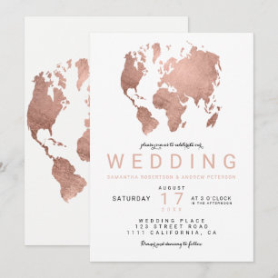 Modern rose gold chic world map wedding invitation