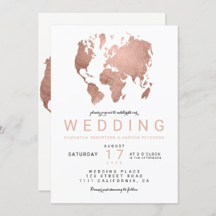 Modern rose gold chic world map wedding invitation