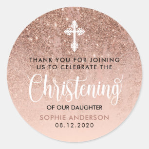 Modern Rose Gold Christening Thank You Classic Round Sticker