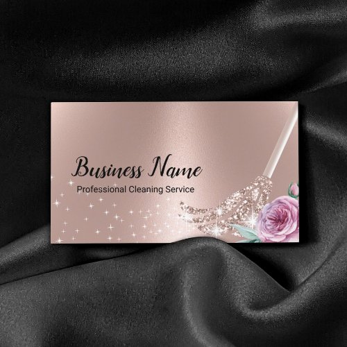 Modern Rose Gold Cleaning Service Floral Mop Business Card