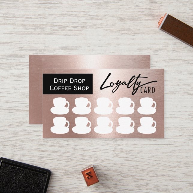 Modern Rose Gold Coffee Shop Coffee Cups Loyalty (Front/Back In Situ)
