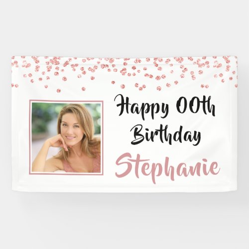 Modern Rose Gold Confetti Any Age Birthday Photo Banner - Celebrate any age birthday with this personalized photo banner with wishes for a HAPPY ##TH BIRTHDAY. Modern, chic design with a rose gold confetti border and an editable rose gold or blush pink handwritten brush script lettering which can be changed to a different font style or color to coordinate with your party theme. 
PHOTO TIP:  For fastest/best results, choose a photo with the subject in the middle and/or pre-crop it to a square shape BEFORE uploading and it will fill in the photo space provided perfectly. Contact the designer if you’d like this design modified, on another product or would like coordinating items to complete your party ensemble.