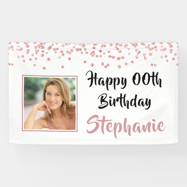 Modern Rose Gold Confetti Any Age Birthday Photo Banner (Horizontal)