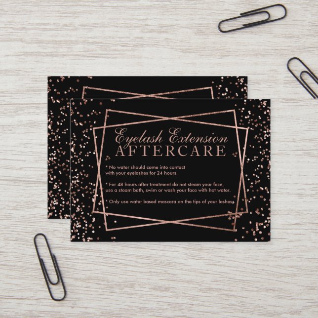 Modern rose gold confetti black eyelash aftercare business card (Front/Back In Situ)