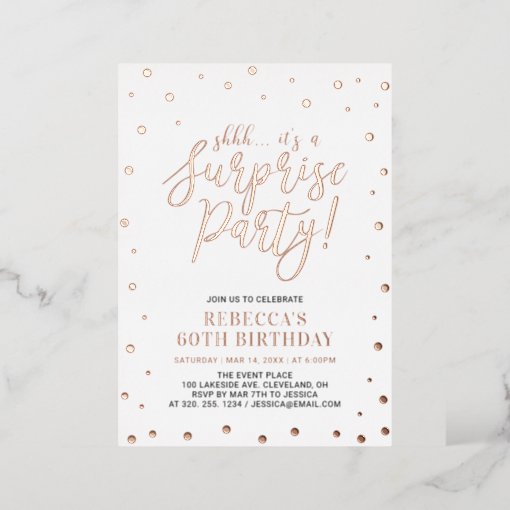 Modern Rose Gold Confetti Surprise Birthday Party Foil Invitation | Zazzle