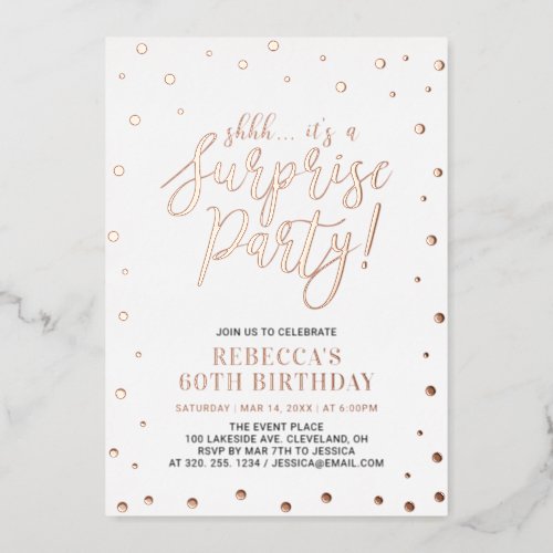 Modern Rose Gold Confetti Surprise Birthday Party Foil Invitation