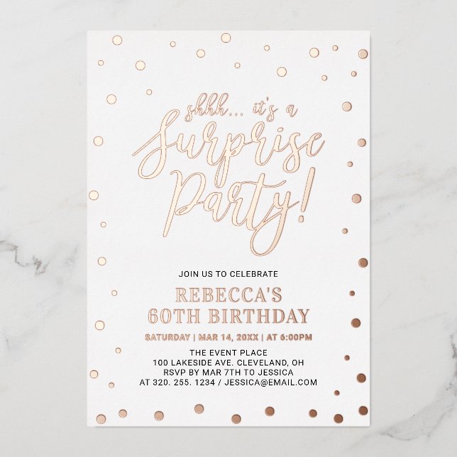 Modern Rose Gold Confetti Surprise Birthday Party Foil Invitation (Front)
