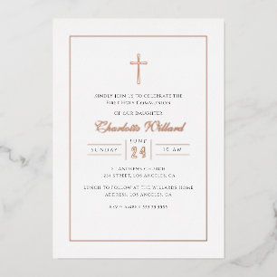 Modern Rose Gold Cross Girls First Communion Foil Invitation