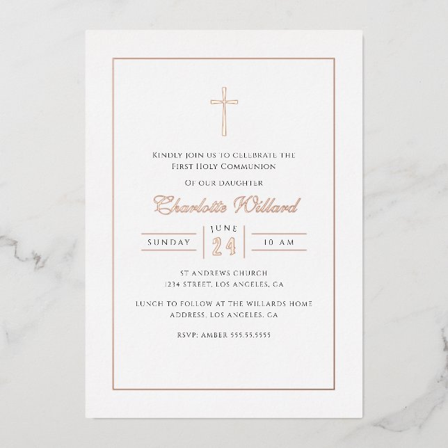 Modern Rose Gold Cross Girls First Communion Foil Invitation (Front)