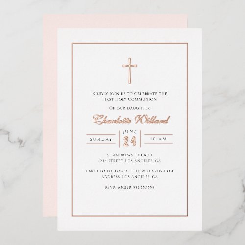 Modern Rose Gold Cross Girls First Communion