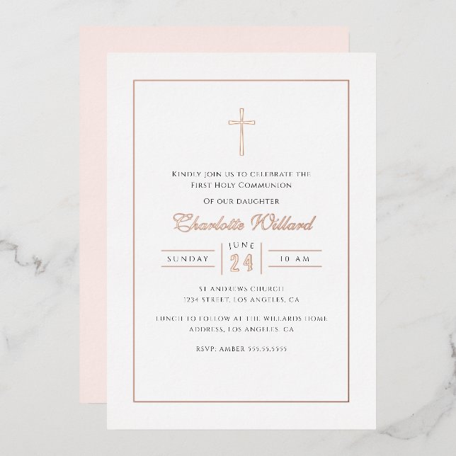 Modern Rose Gold Cross Girls First Communion Foil Invitation (Front/Back)