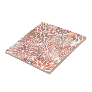 Modern Rose Gold Dahlia Floral Ceramic Tile