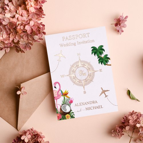 Modern Rose Gold Destination Passport Wedding Foil Invitation