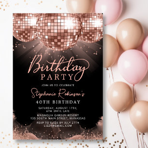Modern Rose Gold Disco Ball 40th Birthday Party  Invitation