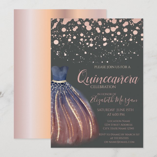 Modern Rose Gold Dots,Chic Dress Gray Quinceañera  Invitation (Front/Back)