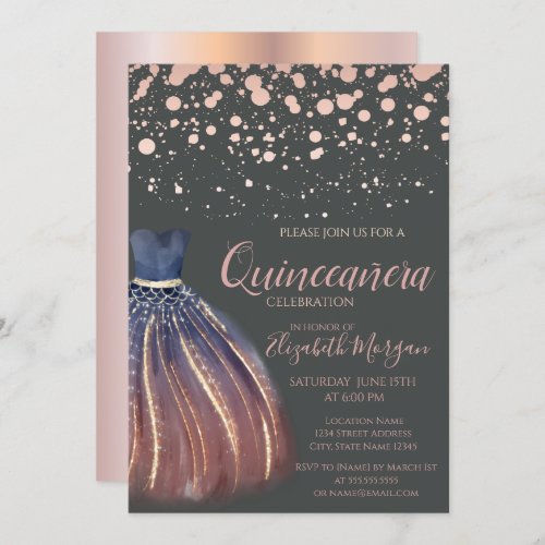 Modern Rose Gold DotsChic Dress Gray Quinceaera  Invitation