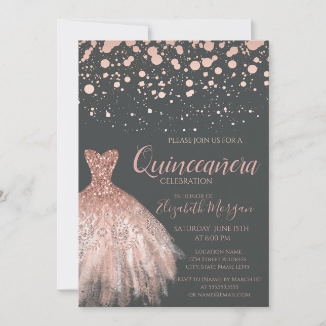 Modern Rose Gold Dots,Dress Gray  Quinceañera Invitation (Front)