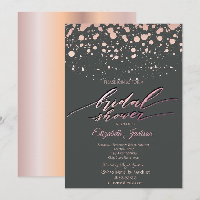 Modern Rose Gold Dots Gray Bridal Shower Invitation (Front/Back)