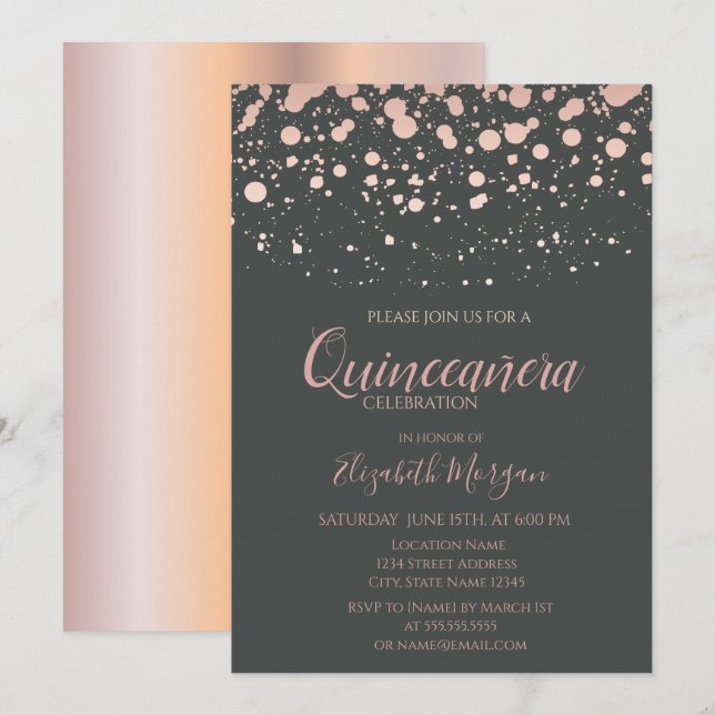 Modern Rose Gold Dots, Gray  Quinceanera Invitation (Front/Back)