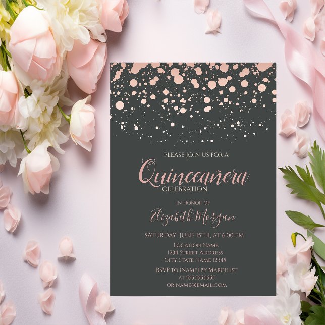 Modern Rose Gold Dots, Gray  Quinceanera Invitation (Creator Uploaded)