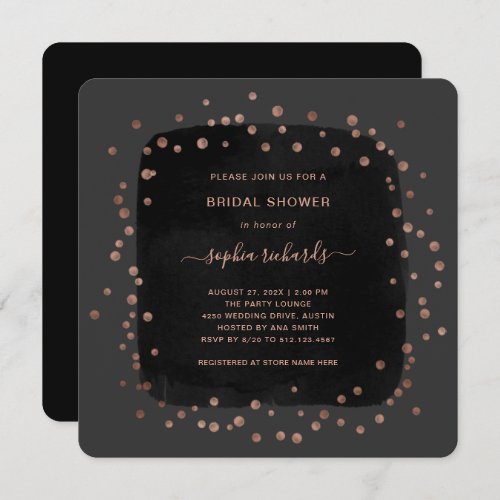 Modern Rose Gold Dots on Black  Bridal Shower Invitation