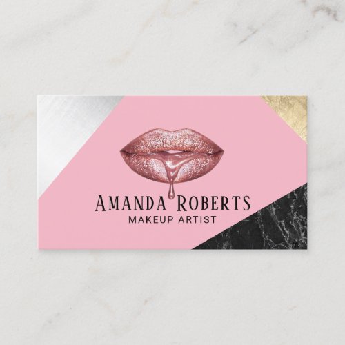 Modern Rose Gold Drip Lips Marble Silver Gold Pink Business Card
