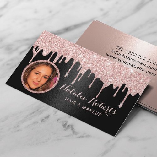 Modern Rose Gold Drips Black Beauty Salon Photo Business Card
