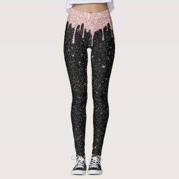 Modern Rose Gold Drips Black Glitter Sparkles Leggings by tattooWears at Zazzle