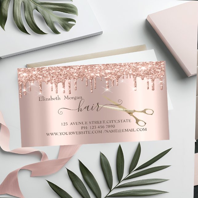 Modern Rose Gold Drips Gold Scissors Hair Business Card Magnet (Creator Uploaded)