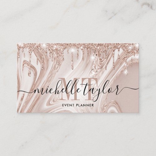 Modern rose gold drips marble monogram business card
