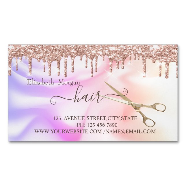 Modern Rose Gold Drips Scissors Hair Holographic Business Card Magnet (Front)