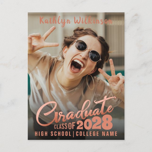 Modern Rose Gold Elegant Script Photo Graduation Announcement Postcard (Front)