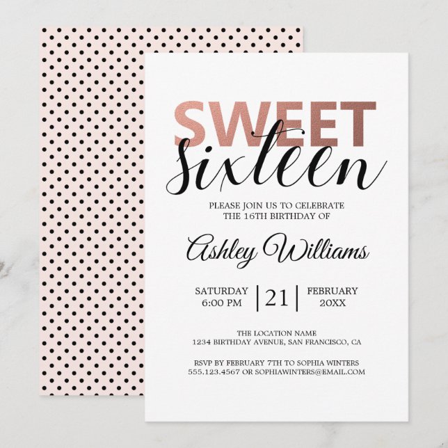 Modern Rose Gold Elegant Sweet 16 Invitation (Front/Back)