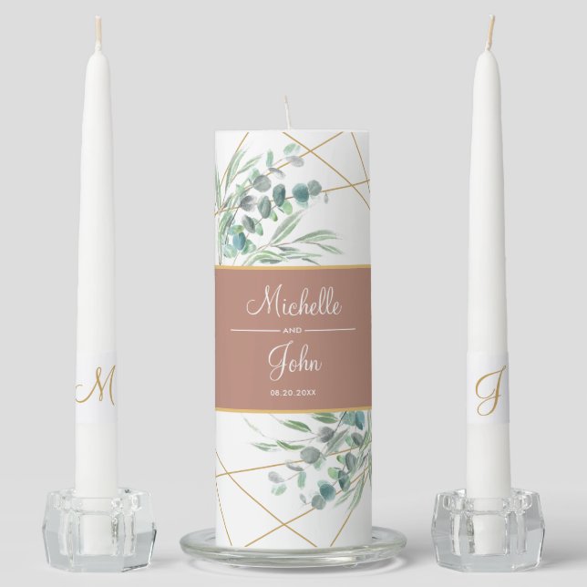 Modern Rose Gold Eucalyptus Greenery Geometric Unity Candle Set (Front)
