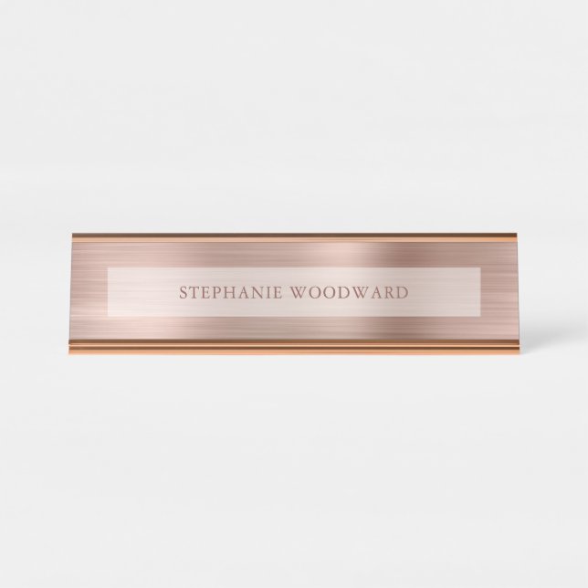 Modern Rose Gold Faux Brushed Metal Foil Desk Name Plate (Front)
