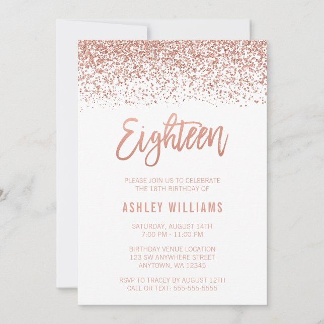 Modern Rose Gold Faux Glitter 18th Birthday Invitation (Front)