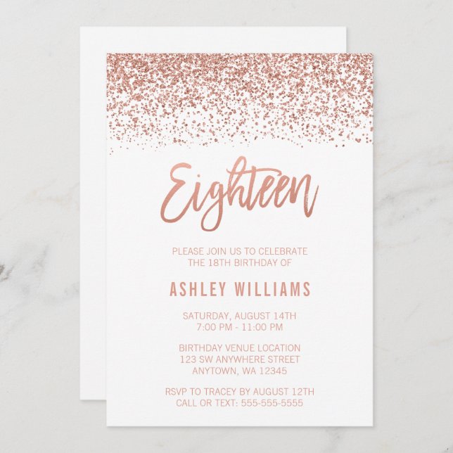 Modern Rose Gold Faux Glitter 18th Birthday Invitation (Front/Back)