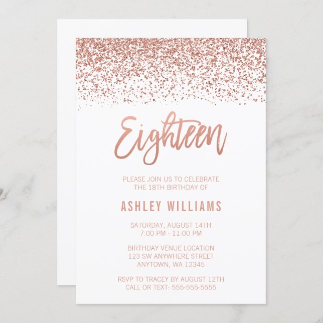 Modern Rose Gold Faux Glitter 18th Birthday Invitation (Front/Back)