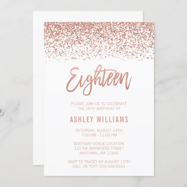 Modern Rose Gold Faux Glitter 18th Birthday Invitation | Zazzle