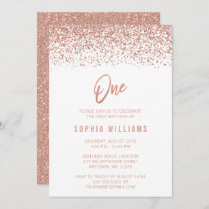 Modern Rose Gold Faux Glitter 1st Birthday Invitation