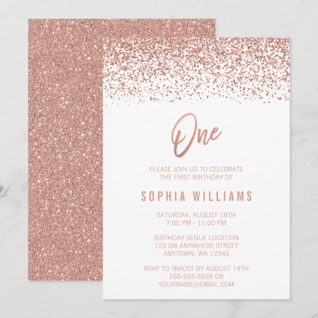Modern Rose Gold Faux Glitter 1st Birthday Invitation (Front/Back)