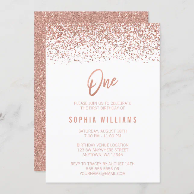 Modern Rose Gold Faux Glitter 1st Birthday Invitation | Zazzle