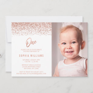 Modern Rose Gold Faux Glitter 1st Birthday Photo Invitation