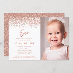 Modern Rose Gold Faux Glitter 1st Birthday Photo Invitation