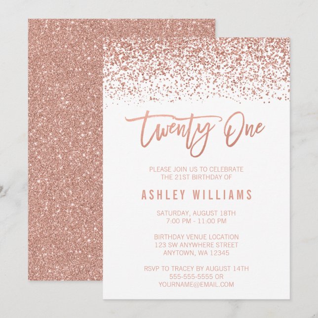 Modern Rose Gold Faux Glitter 21st Birthday Invitation (Front/Back)