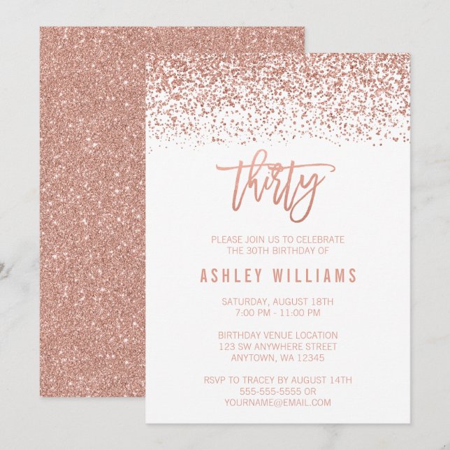 Modern Rose Gold Faux Glitter 30th Birthday Invitation (Front/Back)