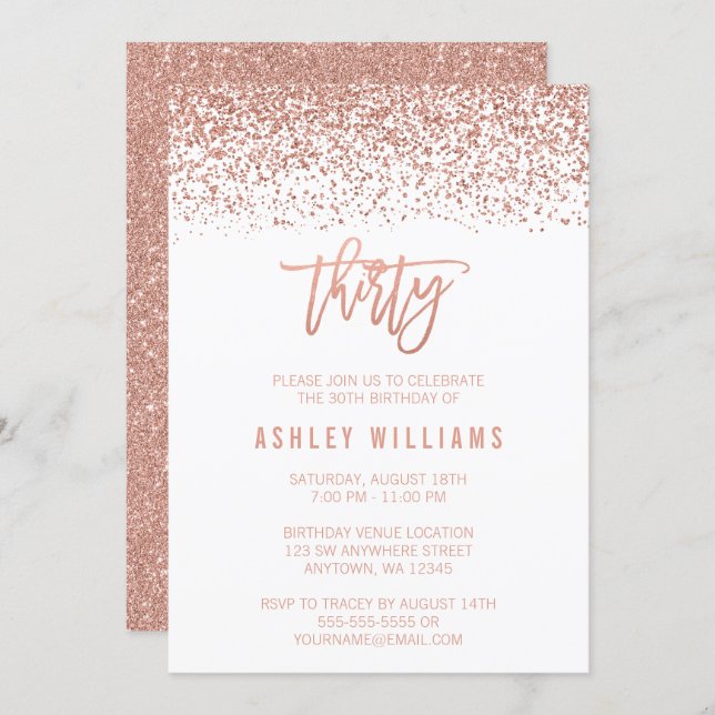 Modern Rose Gold Faux Glitter 30th Birthday Invitation (Front/Back)